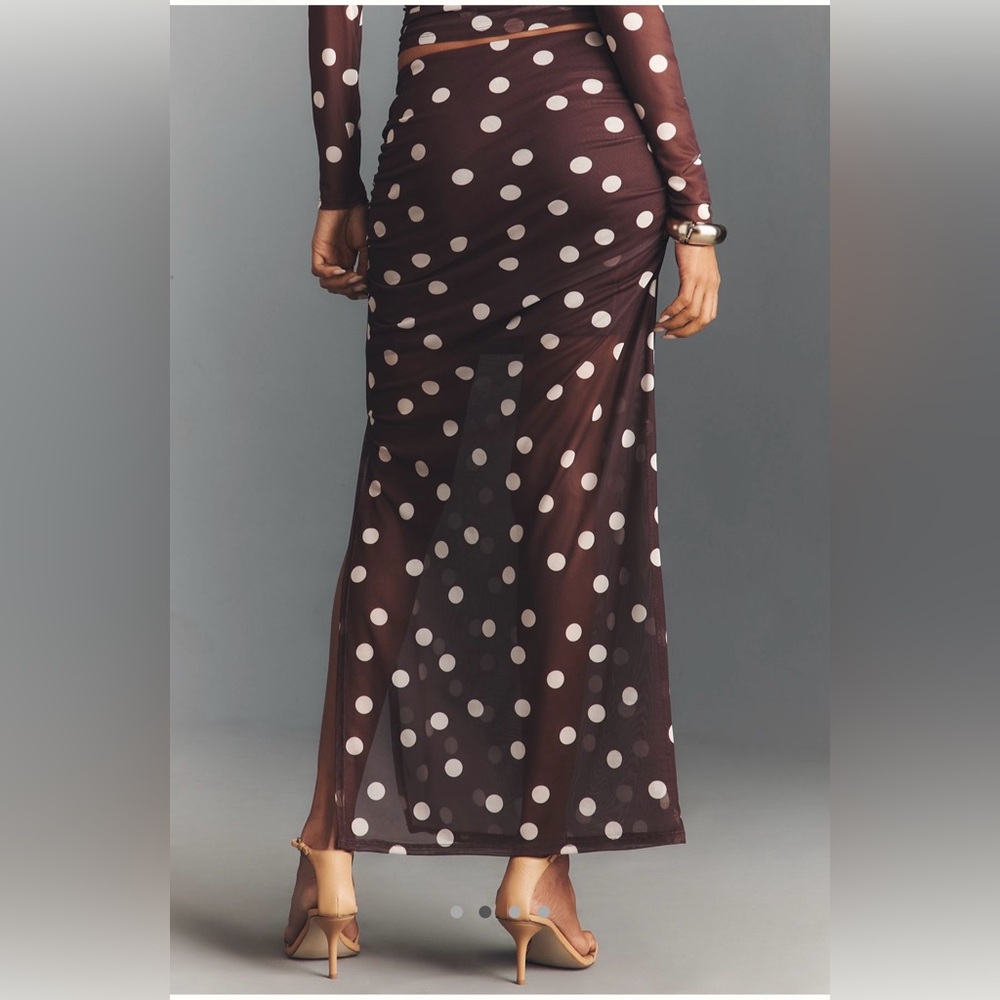Maeve Chocolate Brown and Cream Polka Dot Midi Skirt - Picture 2 of 4